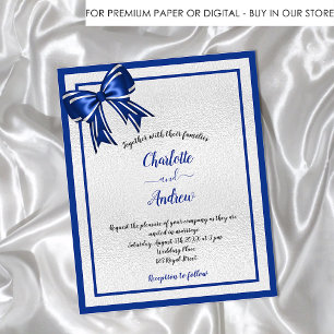 Budget royal blue silver bow wedding invitation