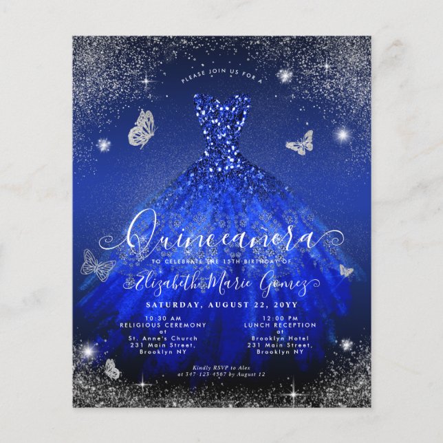 Budget Royal Blue Silver Gown Quinceanera Invitati (Devant)