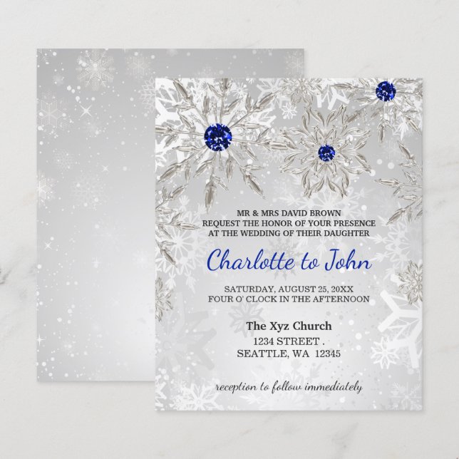 Budget Royal Blue Snowflakes Faire-part de mariage (Devant / Derrière)