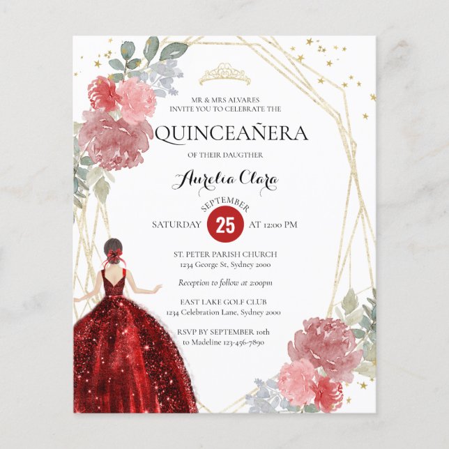 Budget Ruby Rouge Floral Géométrique Quinceañera (Devant)