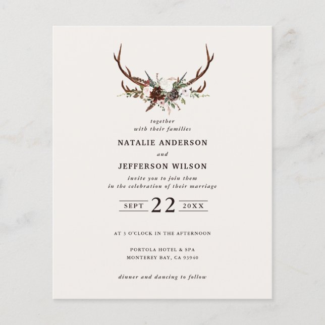 budget Russe floral stag antlers mariage inviter (Devant)