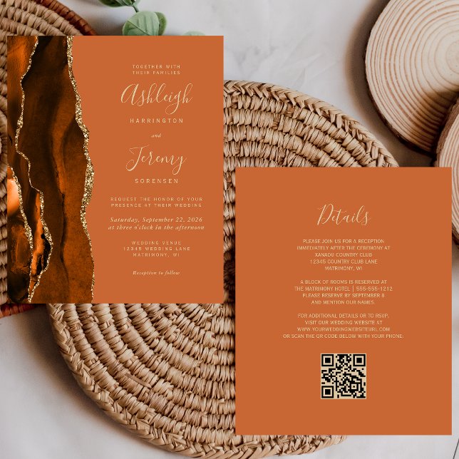 Budget Rust Gold Agate QR Code Mariage Invitation (Créateur téléchargé)