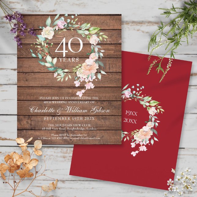 Budget Rustic 40e anniversaire Ruby Floral Invitat (Budget Rustic 40th Anniversary Ruby Floral Invite)