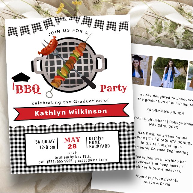 BUDGET Rustic Black Plaid Fun GRAD BBQ Invitation (Créateur téléchargé)