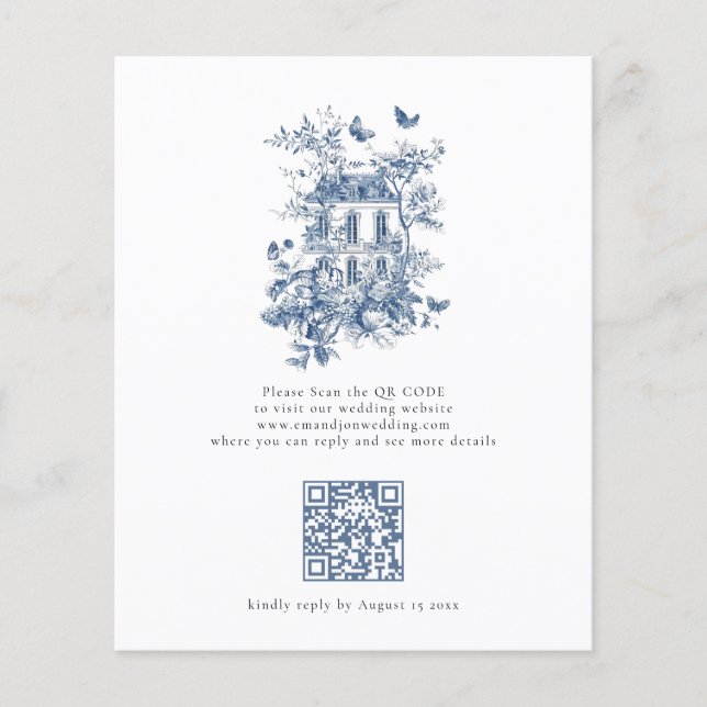 Budget Rustic Blue Toile De Jouy QR Code Mariage (Devant)