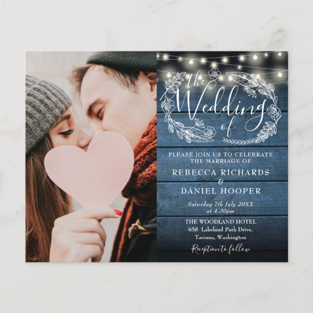 Budget Rustic Blue Wood Photo Wedding Invitation (Devant)