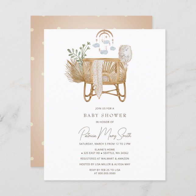 Budget Rustic Boho Baby Cot Baby shower Invitation (Devant / Derrière)