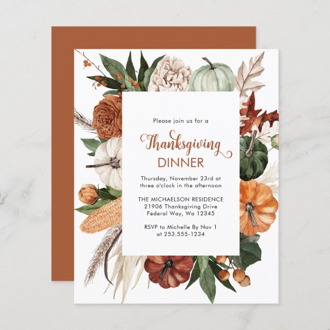 Budget Rustic Brown Thanksgiving Dîner Invitation (Devant / Derrière)