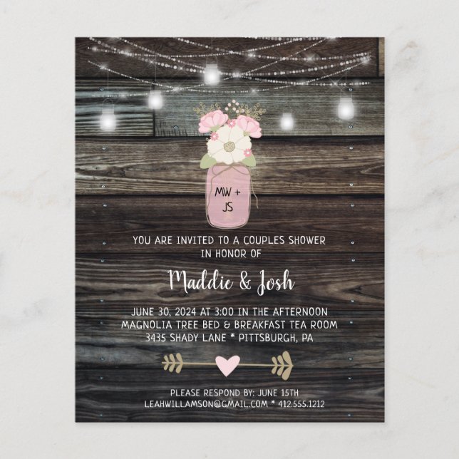 Budget Rustic Couples Douche Mason Jar Invitation (Devant)