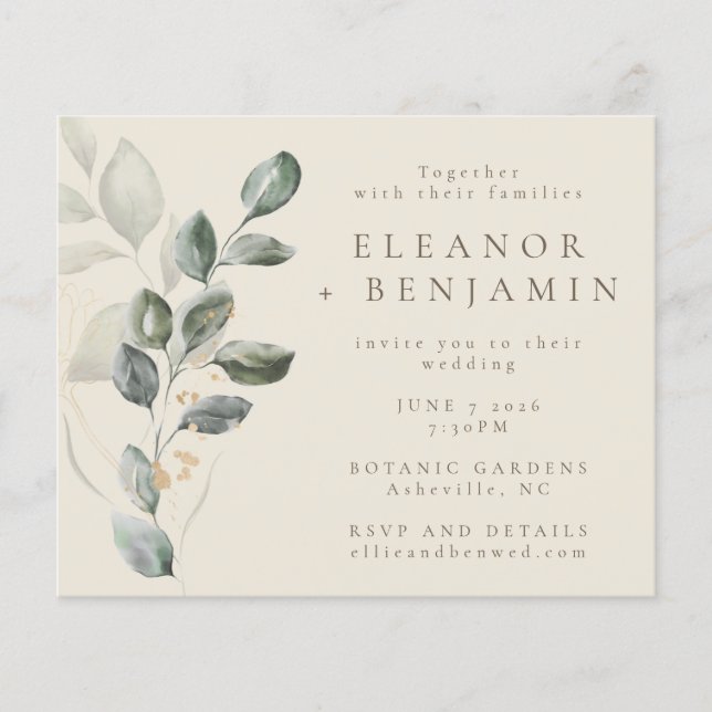 Budget Rustic Gold Greenery Mariage Invitation (Devant)