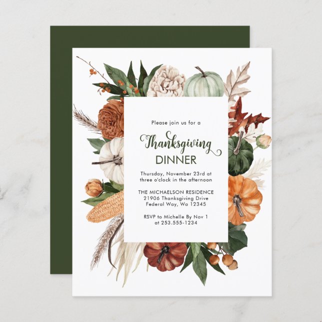 Budget Rustic Green Thanksgiving Dîner Invitation (Devant / Derrière)