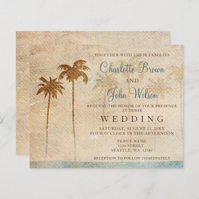 Budget Rustic Palm Trees Plage Mariage Invitation (Devant / Derrière)