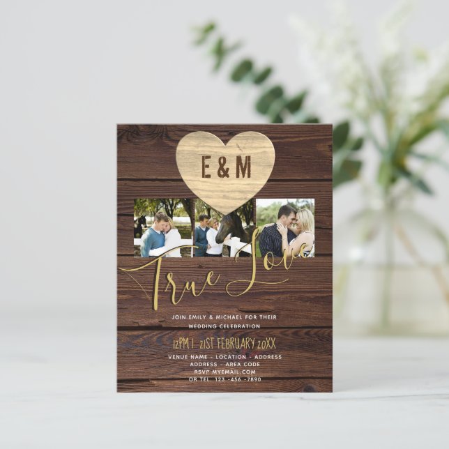 Budget Rustic Photo Collage Invitations de mariage (Debout devant)
