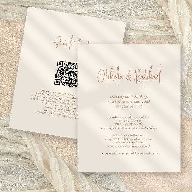 Budget Rustic Script QR Boho Cream invite de maria (Front and back view)