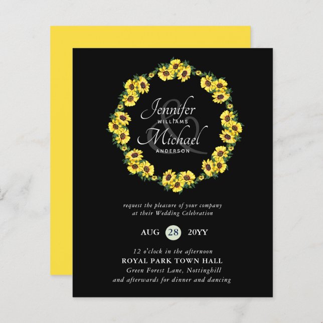 BUDGET Rustic Sunflower Wreath Wedding Invitation (Devant / Derrière)