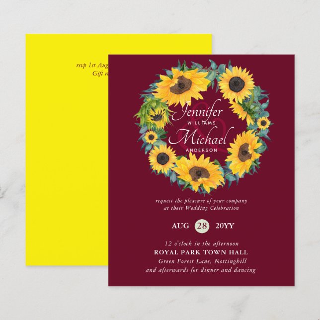 BUDGET Rustic Sunflower Wreath Wedding Invitation (Devant / Derrière)