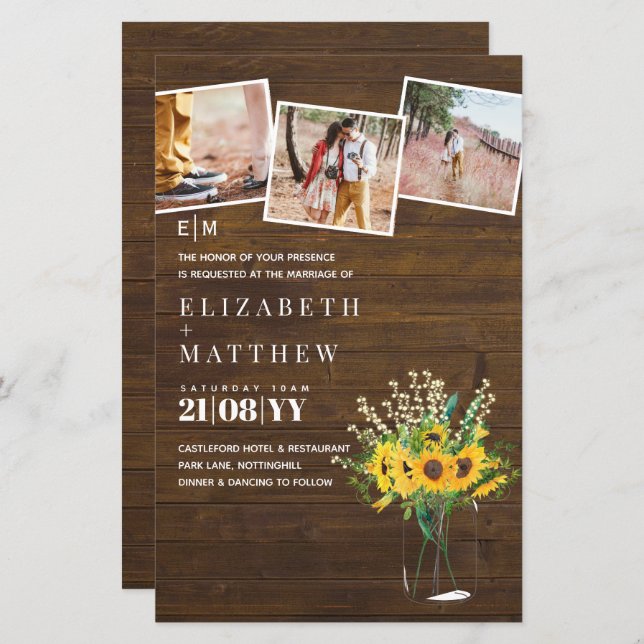 BUDGET Rustic Sunflowers mason Jar Mariage Inviter (Devant / Derrière)