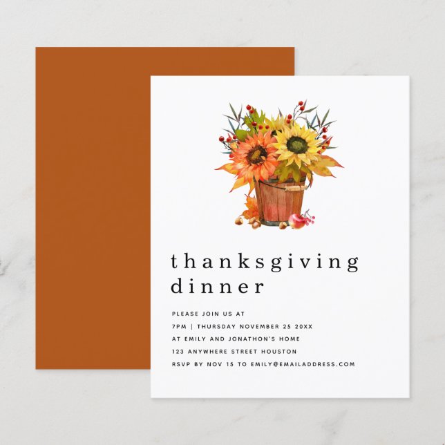 Budget Rustic Tournesols Chute Thanksgiving Invita (Devant / Derrière)