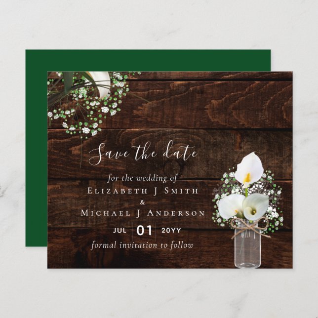 Budget Rustic White Calla Lilies Mariage Date de s (Devant / Derrière)
