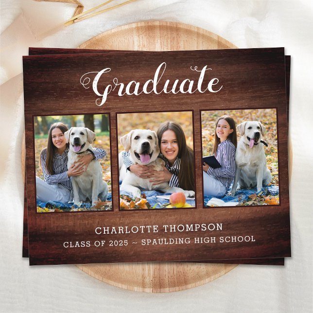 Budget Rustic Wood 3 Photo Graduation Invitation (Créateur téléchargé)