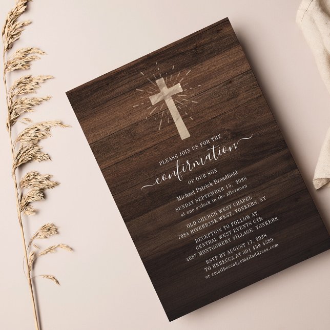 Budget Rustic Wood Cross Confirmation Invitation (Créateur téléchargé)