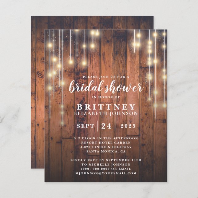 Budget Rustic Wood Lights Bridal Douche Invitation (Devant / Derrière)