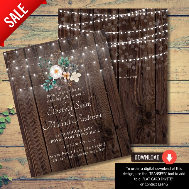 Budget Rustic Wood Lights Floral Wedding Invite (Créateur téléchargé)