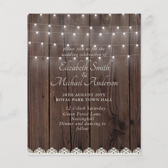 Budget Rustic Wood Lights Lace Wedding Invite (Devant)
