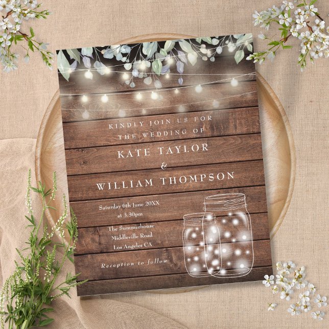 Budget Rustic Wood Lights Mason Jar Mariage Invita (Budget Rustic Wood Lights Mason Jar Wedding Invite)