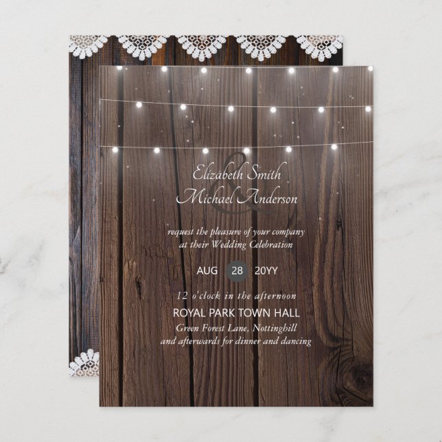 Budget RUSTIC Wood Wedding Invite n Enveloppes (Devant / Derrière)