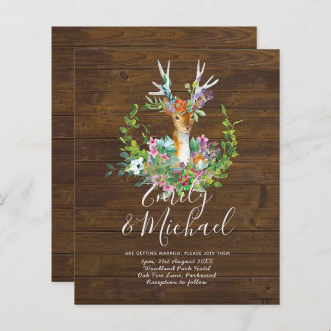 Budget Rustic Woodland Deer Floral Wedding Invite (Devant / Derrière)