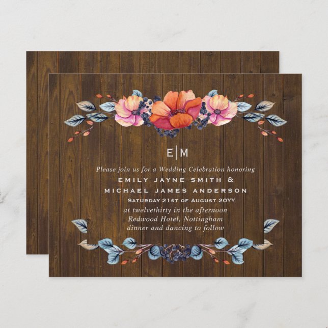 Budget Rustic Woodland Orange Wedding Invite (Devant / Derrière)