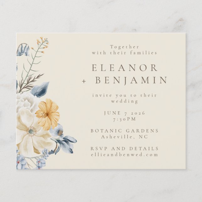 Budget Rustique Bleu Jaune Floral Mariage Inviter (Devant)