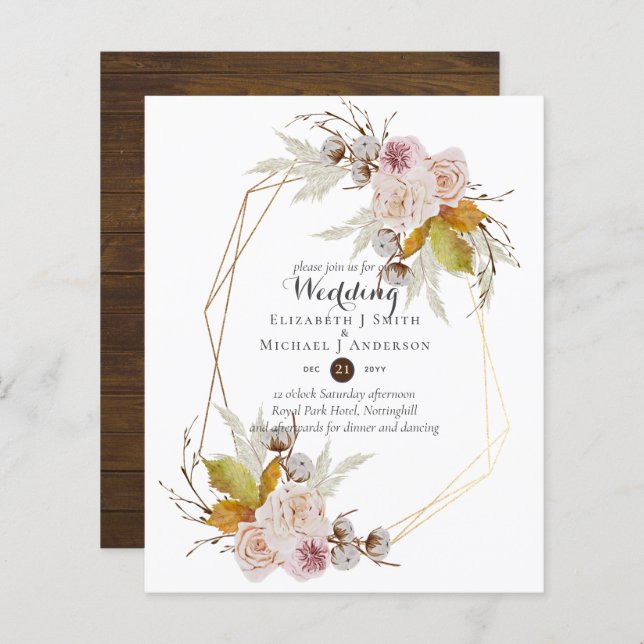Budget Rustique Blush rose Floral Mariage Invite (Devant / Derrière)
