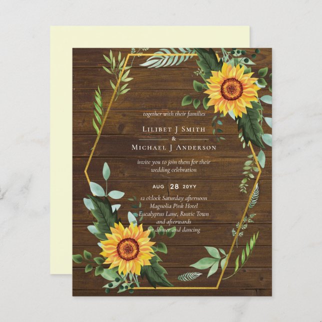 BUDGET Rustique BOHO Tournesols Verdure Mariage (Devant / Derrière)