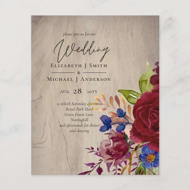 BUDGET Rustique Bourgogne Blue Floral Wedding Invi (Devant)