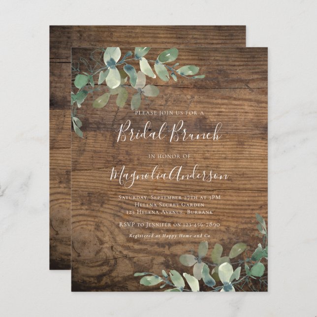 BUDGET Rustique Eucalyptus Bridal Brunch Invitatio (Devant / Derrière)