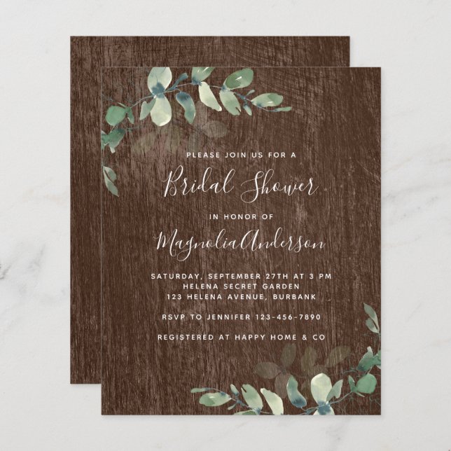 BUDGET Rustique Eucalyptus nuptiale invitation à l (Devant / Derrière)