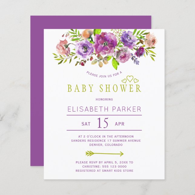 Budget rustique fleurie chic baby shower invitatio (Devant / Derrière)