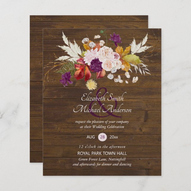 Budget Rustique Plum Blooms Ginger Wedding Invite (Devant / Derrière)
