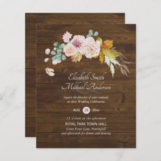 Budget Rustique Plum Blooms Ginger Wedding Invite (Devant / Derrière)