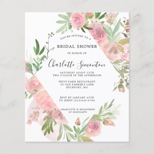 Budget Rustique rose Floral Invitation à la douche (Devant)