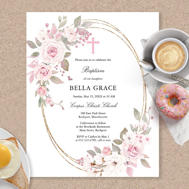 Budget Rustique Rose Rose Floral Baptême Invitatio (Créateur téléchargé)