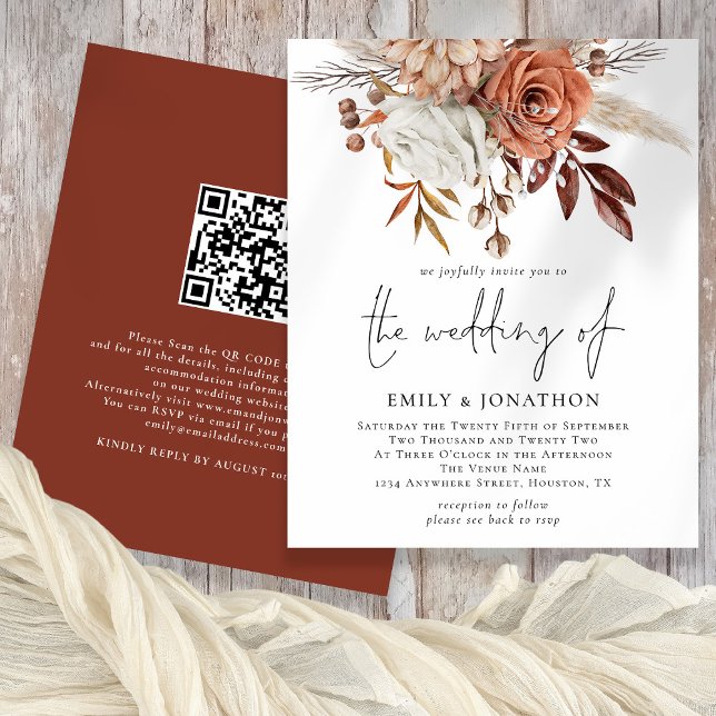 Budget Rustique Terracotta Florals QR Code Mariage (Front and back view)