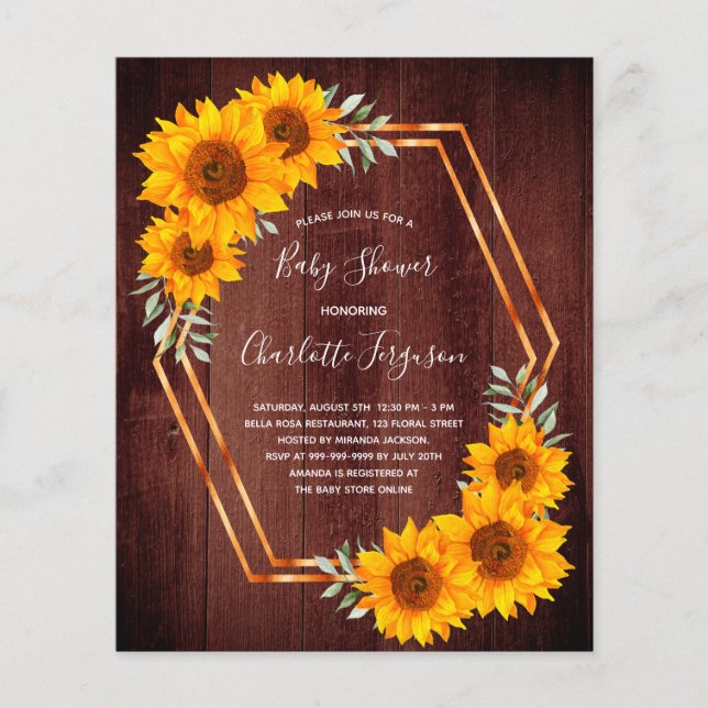 Budget rustique tournesol baby shower invitation (Devant)