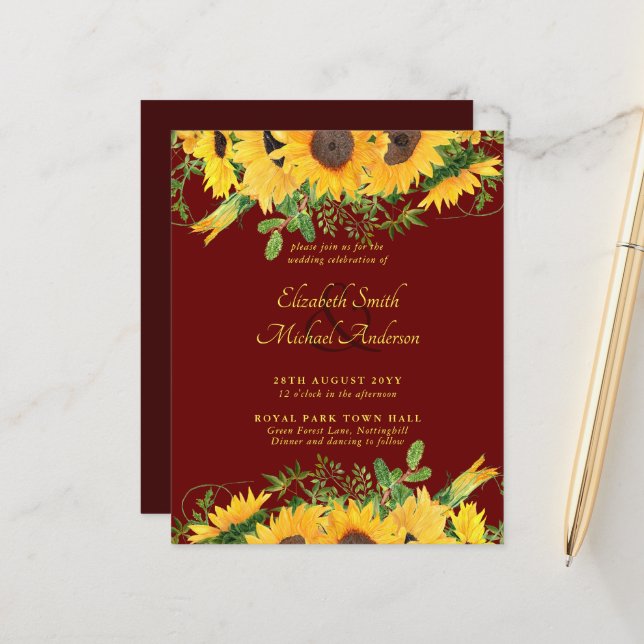 BUDGET Rustique Tournesol Thème Mariage Invitation (Devant/Arrière en situation)