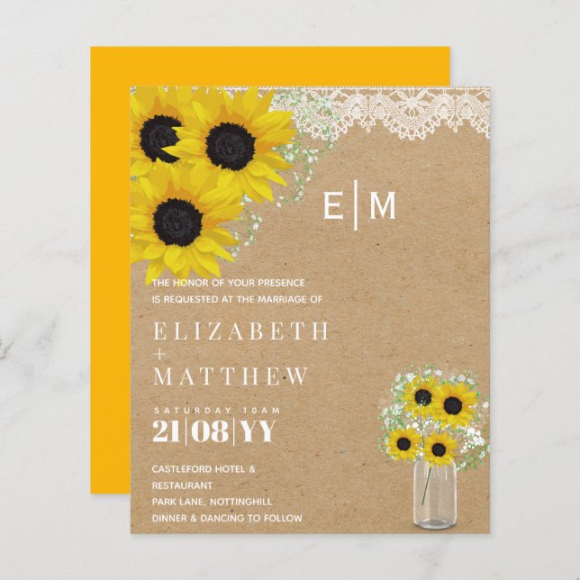 BUDGET Rustique Tournesols Gypsophila Mariage Invi (Devant / Derrière)