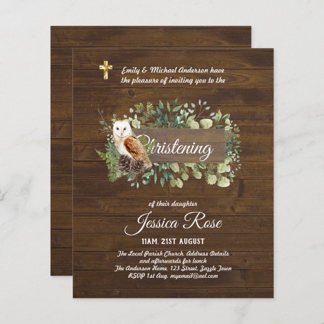 BUDGET Rustique Woodland Christening Invitation Ba (Devant / Derrière)