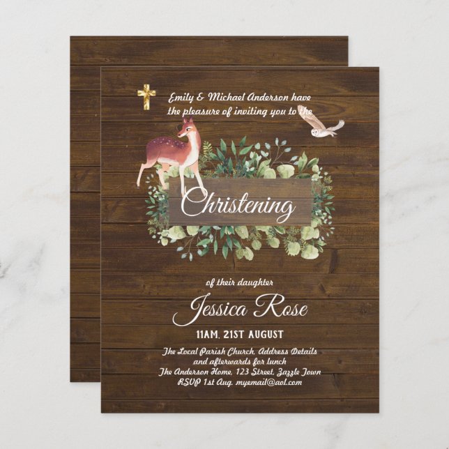 BUDGET Rustique Woodland Christening Invitation Ba (Devant / Derrière)