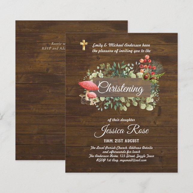 BUDGET Rustique Woodland Christening Invitation Ba (Devant / Derrière)